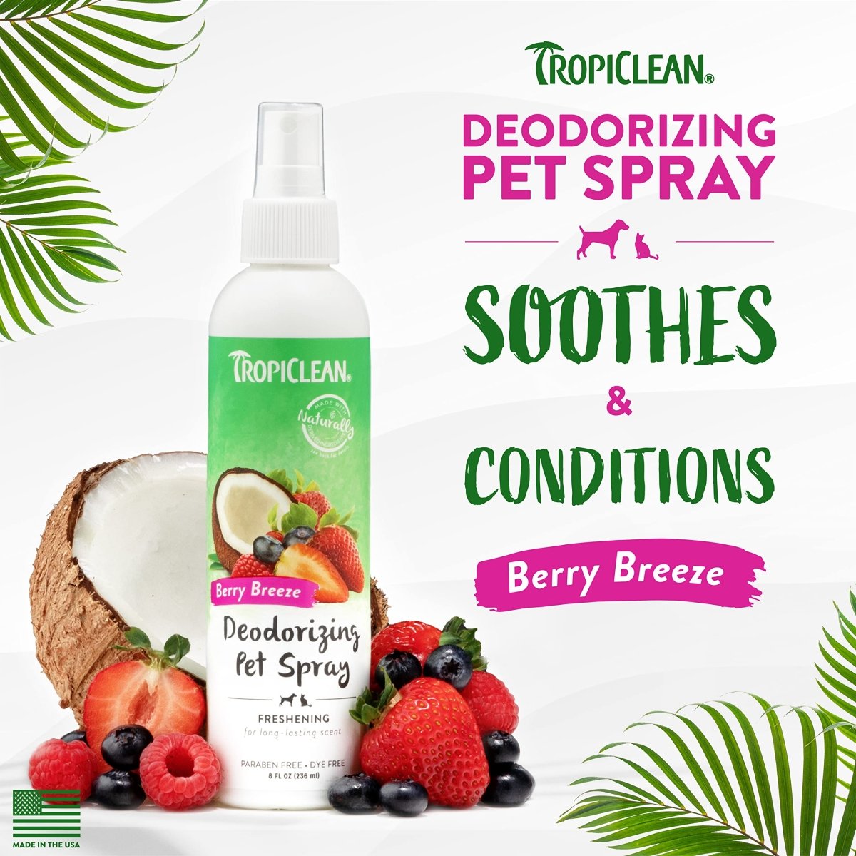 TropiClean Berry Breeze Dog Perfume Spray Long Lasting - Naturally Derived Odor Removing Dog Deodorizing Spray - 8 oz