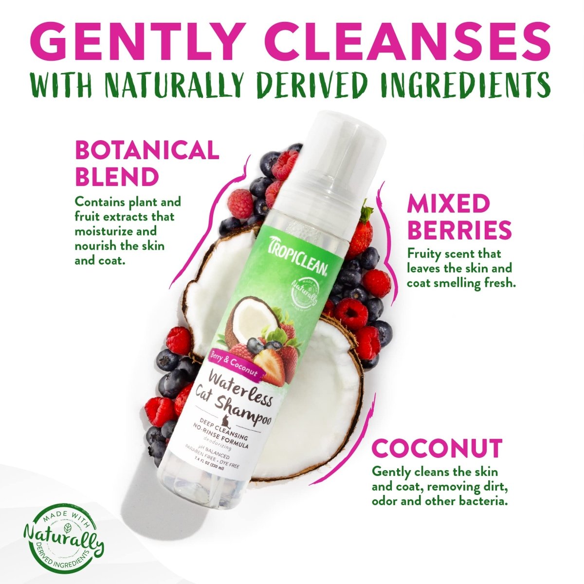 TropiClean Berry Coconut Waterless Cat Shampoo - Deep Cleansing Dry Shampoo for Cats - Natural Cat Shampoo Derived from Natural Ingredients - 7.4 oz
