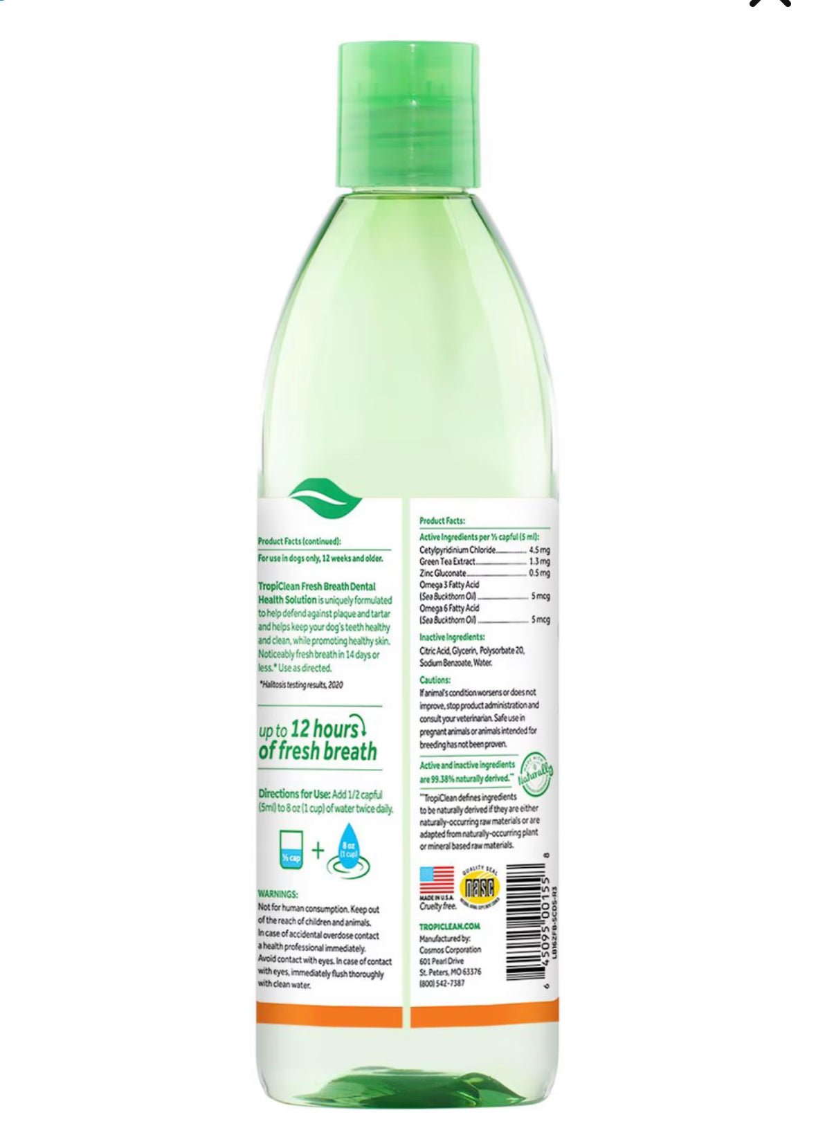 TropiClean Fresh Breath + Skin Health Support Dog Dental Water Additive, 16 - fl oz bottle
