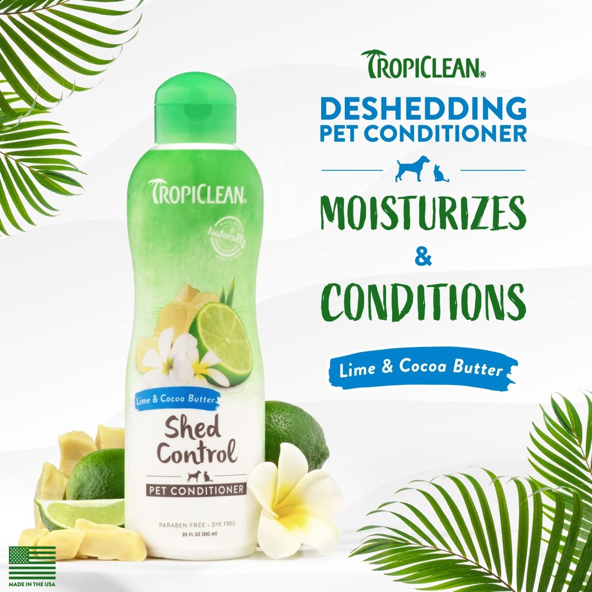 TropiClean Lime & Coco Butter Deshedding Dog Conditioner for Shedding Control - Natural Pet Conditioner Derived from Natural Ingredients - 20 oz