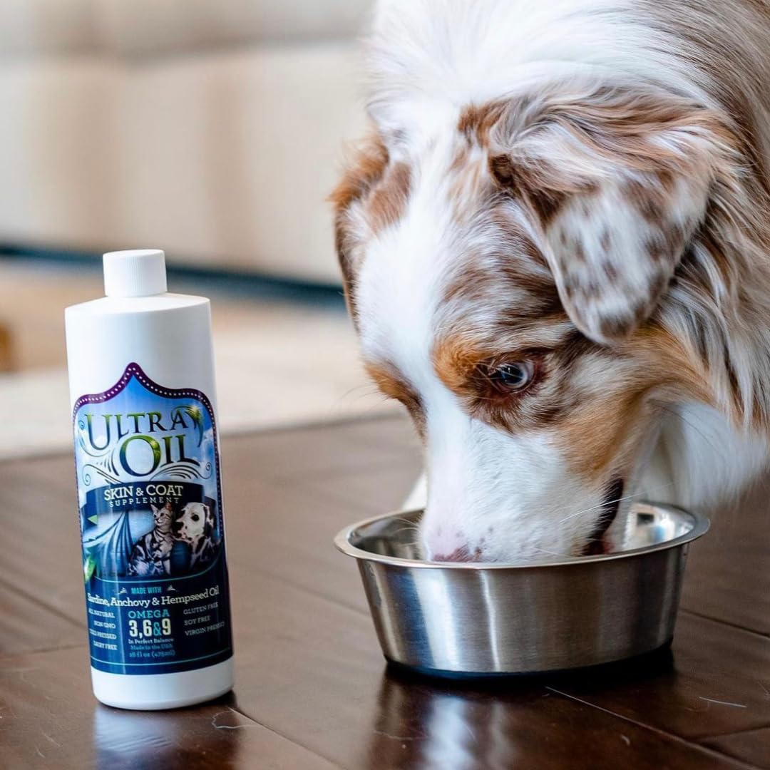 Ultra Oil Skin And Coat Supplement For Dogs & Cats - Hemp Seed Oil, Flaxseed Oil, Grape Seed Oil, Fish Oil For Relief From Dry Itchy Skin, Dandruff, And Allergies (8Oz)