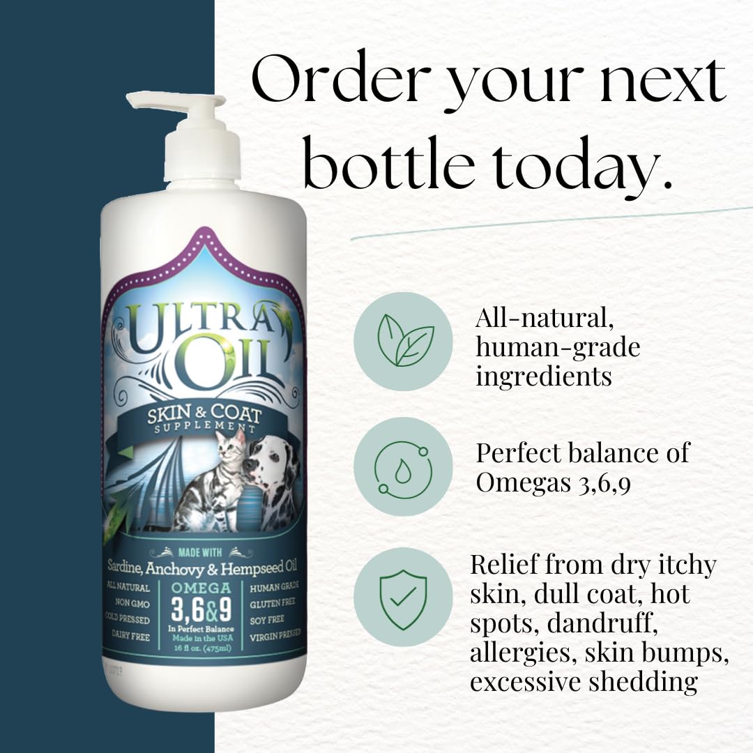Ultra Oil Skin And Coat Supplement For Dogs & Cats - Hemp Seed Oil, Flaxseed Oil, Grape Seed Oil, Fish Oil For Relief From Dry Itchy Skin, Dandruff, And Allergies (8Oz)