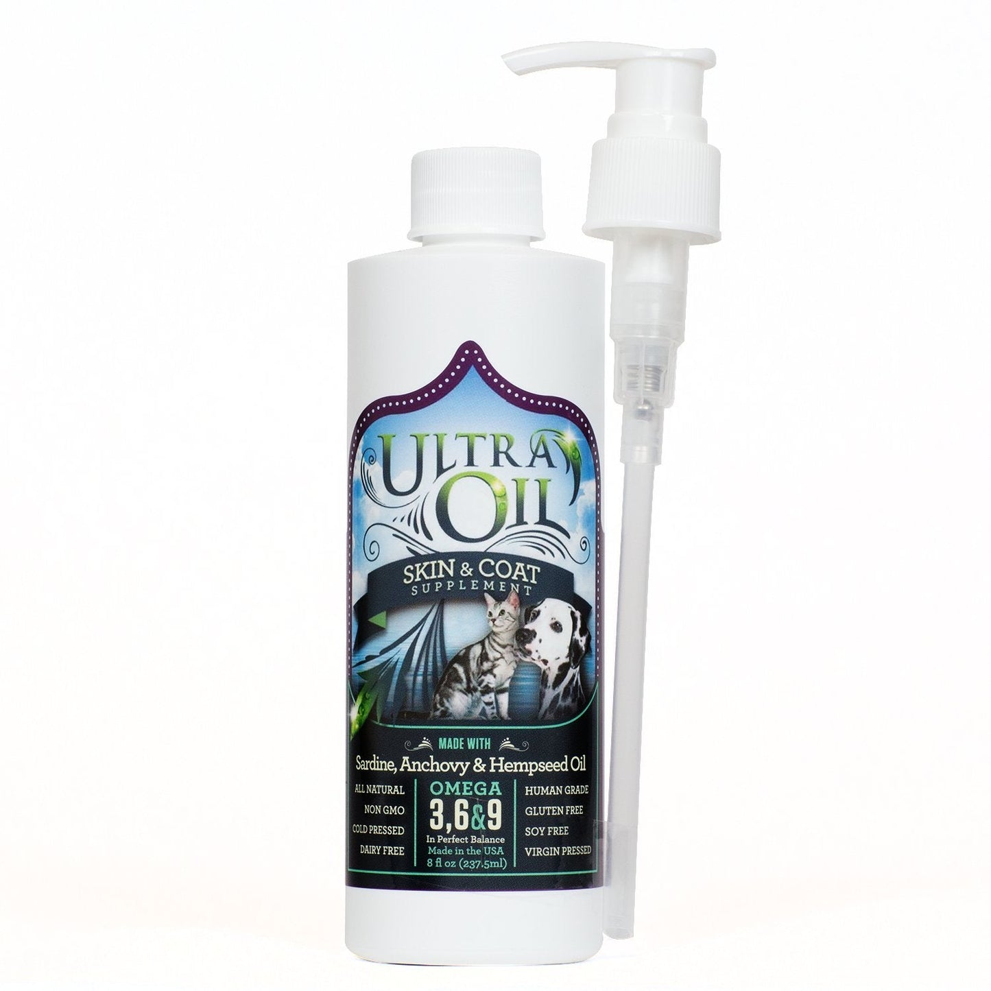 Ultra Oil Skin And Coat Supplement For Dogs & Cats - Hemp Seed Oil, Flaxseed Oil, Grape Seed Oil, Fish Oil For Relief From Dry Itchy Skin, Dandruff, And Allergies (8Oz)