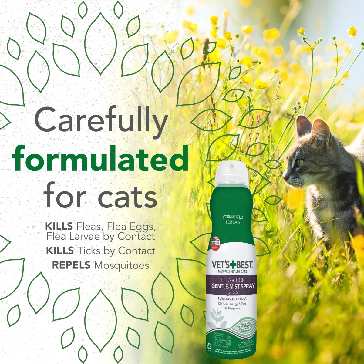 Vet's Best Flea and Tick Gentle Mist Spray for Cats Flea Treatment Plant Based Formula Certified Natural Oils - 6.3 oz