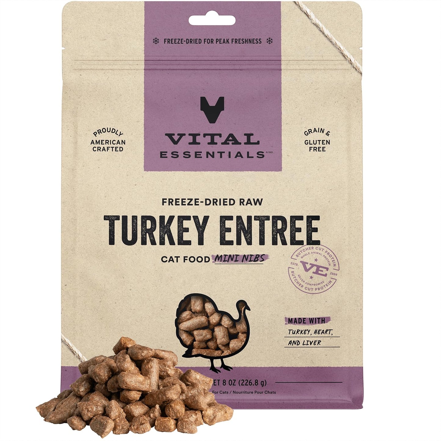 Vital Essentials Freeze Dried Raw Cat Food, Turkey Mini Nibs Entree, 8 oz