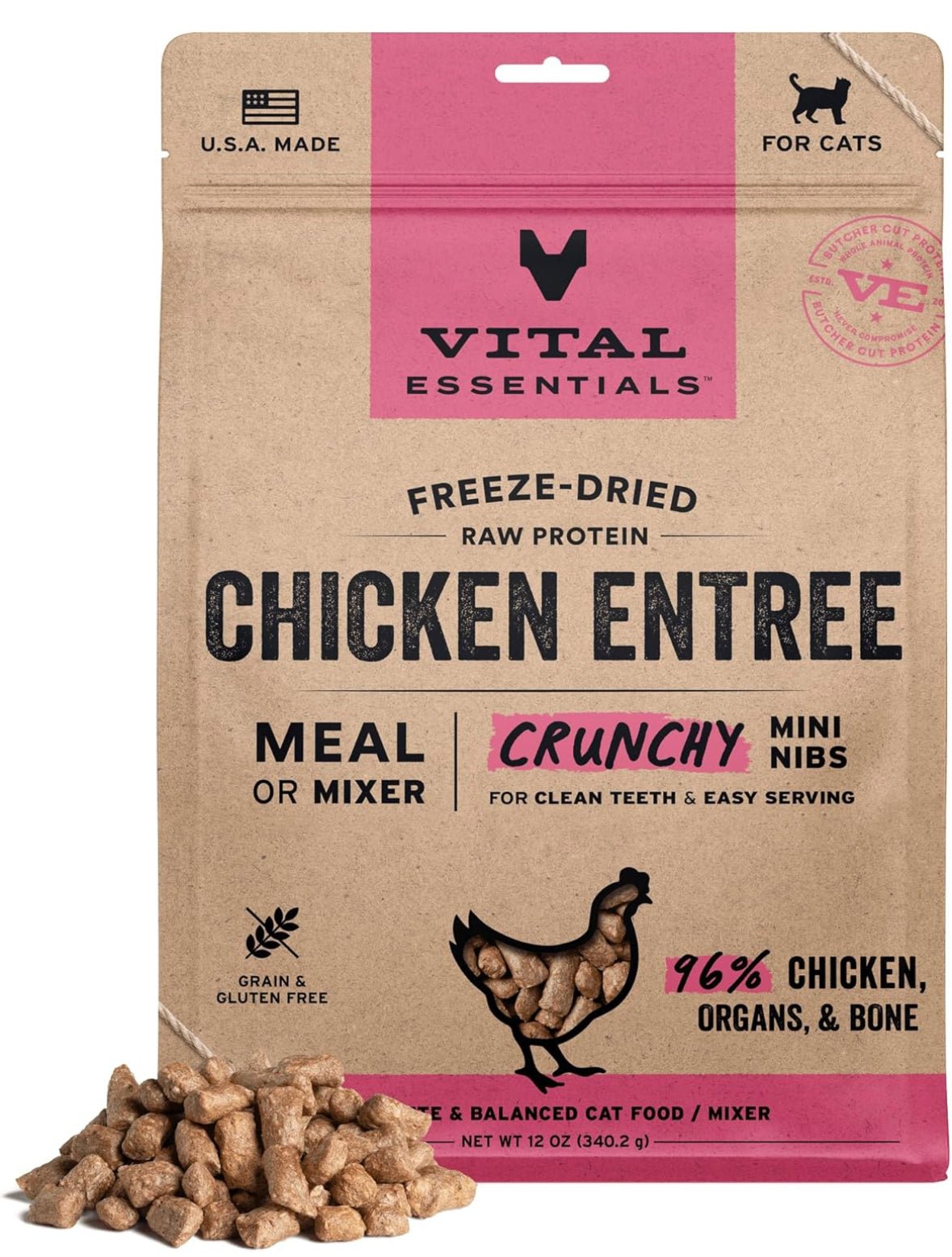 Vital Essentials Freeze - Dried Raw Chicken Meal or Mixer Cat Food Crunchy Nibs, 12 oz