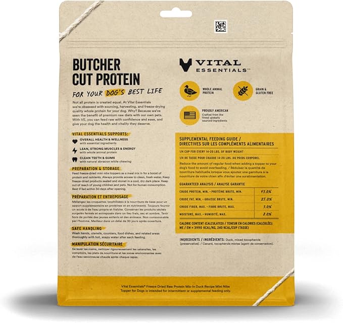 Vital Essentials Protein Mix - In Duck Recipe Mini Nibs Grain - Free Freeze - Dried Raw Dog Food Topper, 18 - oz bag