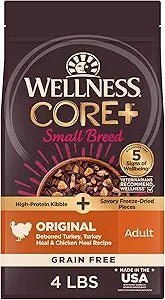 Wellness core grain free small breed dry dog kibble high protein kibble + freeze dried pieces 4lb