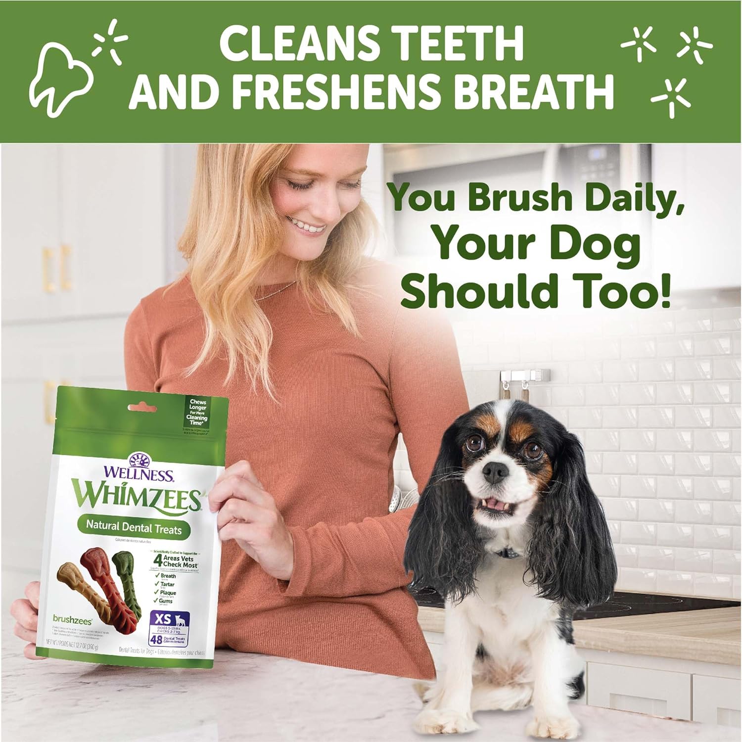 Whimzees by Wellness Brushzees Natural Grain Free X - Small Dental Chews for Dogs, 12.7 oz., Count of 48