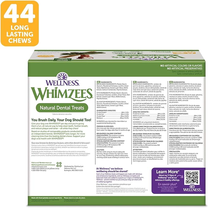 Whimzees dental treats - aliligator medium size 44 count
