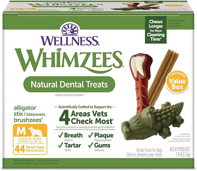 Whimzees dental treats - aliligator medium size 44 count