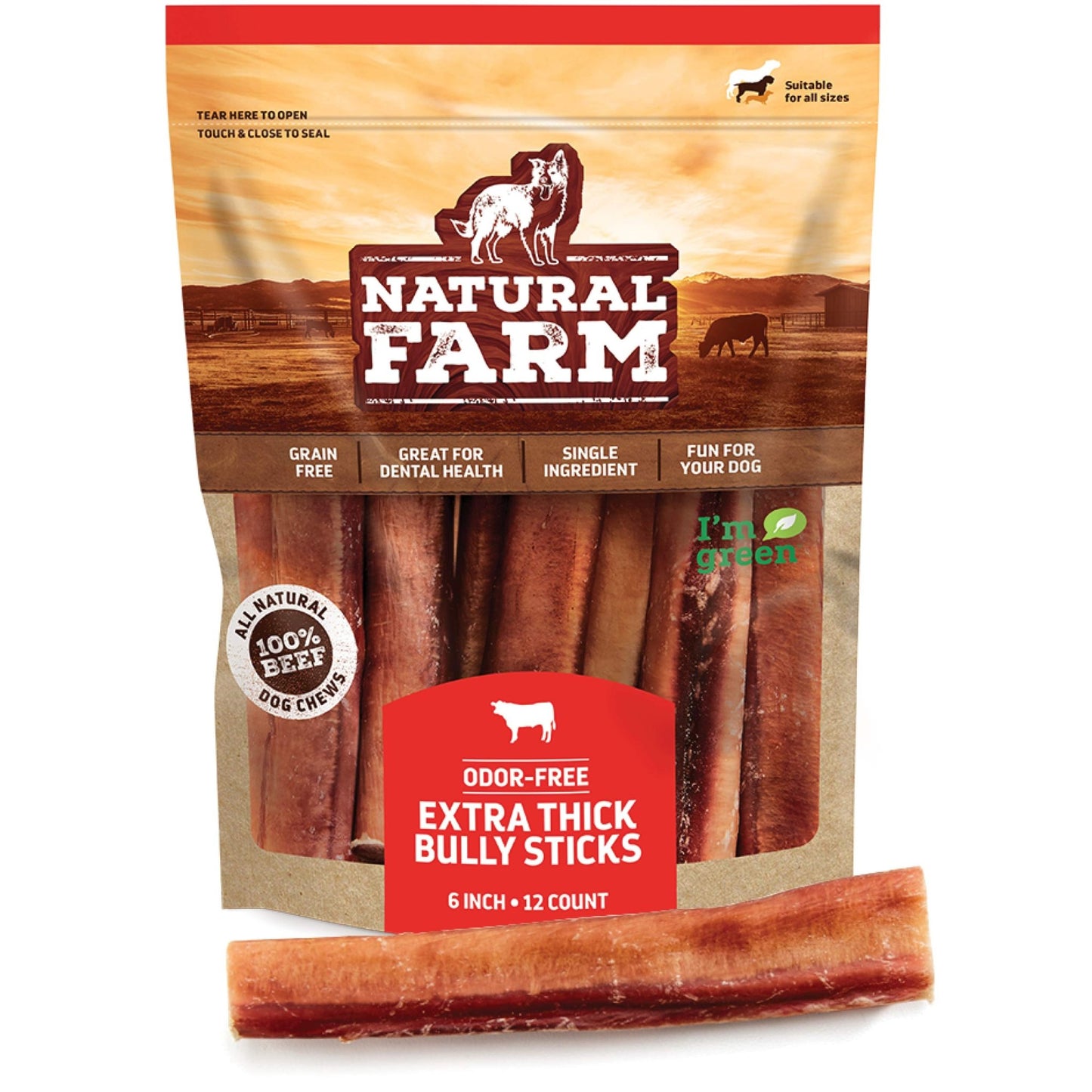 Natural Farm Odor Free Jumbo Bully Sticks (6 Inch, 12 Pack), Extra - Thick Dog Treats – Fully Digestible 100% Beef Treats, Natural Dental Chews – Keep Your Dog Busy with 50% Longer Lasting Chews