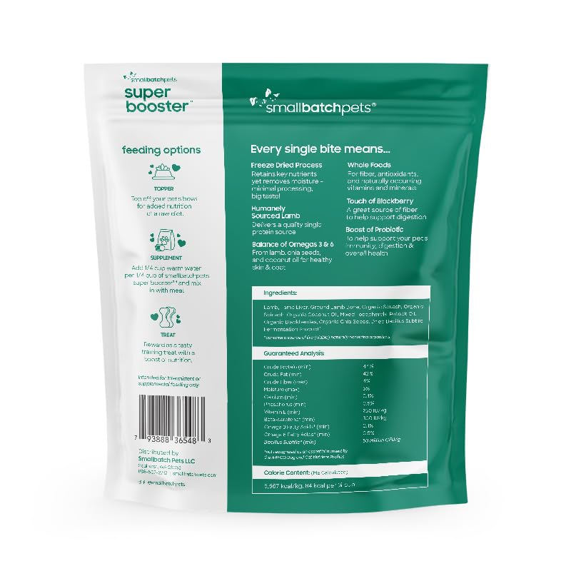 smallbatch Pets Freeze-Dried Super Booster Lamb Bites for Dogs & Cats, 7 oz, Made in The USA, Humanely Raised Single Protein Source, Topper & Treat, with Organic Vegetables and Probiotics
