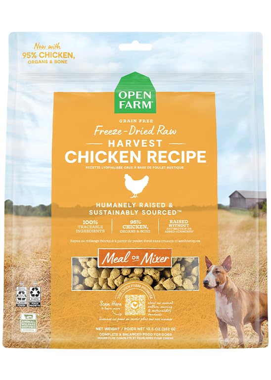 Open Farm Freeze Dried Raw Dog Food, Humanely Raised Meat Recipe with Non-GMO Superfoods and No Artificial Flavors or Preservatives (22 Ounce (Pack of 1), Harvest Chicken Recipe)