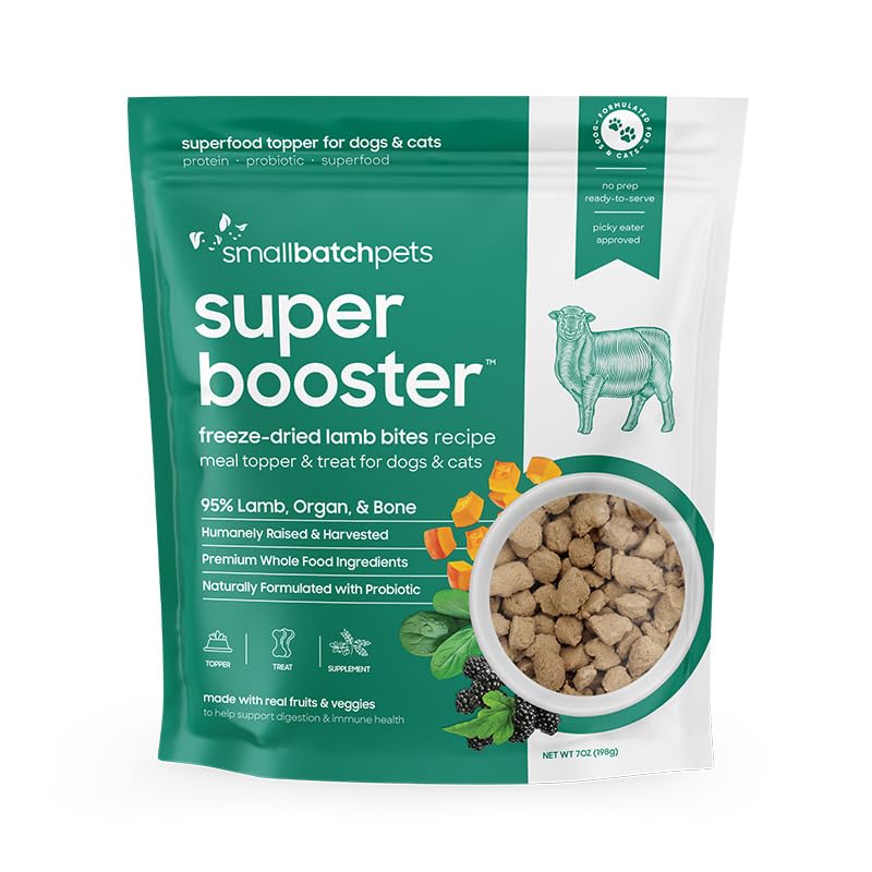 smallbatch Pets Freeze-Dried Super Booster Lamb Bites for Dogs & Cats, 7 oz, Made in The USA, Humanely Raised Single Protein Source, Topper & Treat, with Organic Vegetables and Probiotics