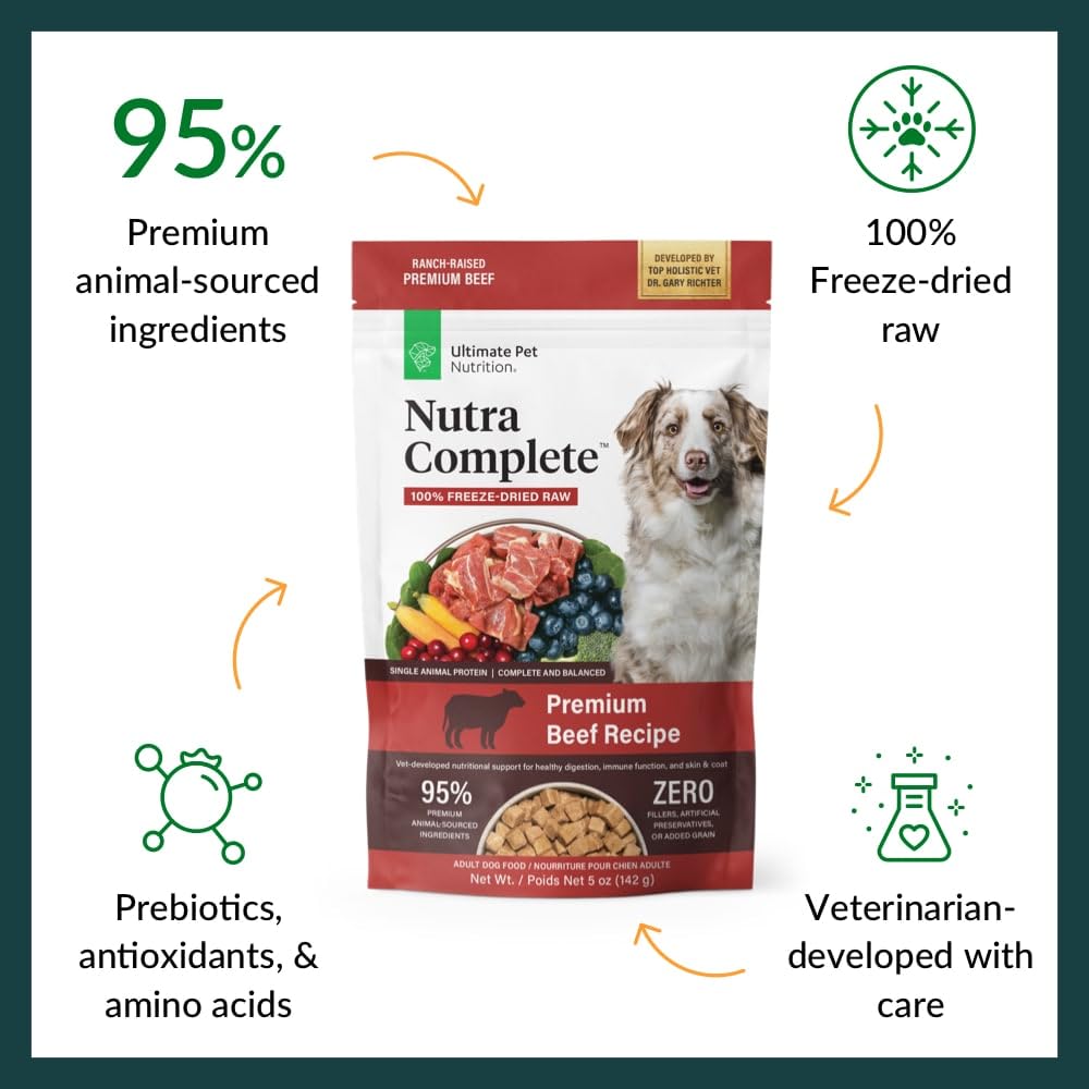 ULTIMATE PET NUTRITION Nutra Complete Freeze Dried Raw Dog Food, Veterinarian Formulated with Antioxidants, Prebiotics & Amino Acids (5 Ounce, Beef)