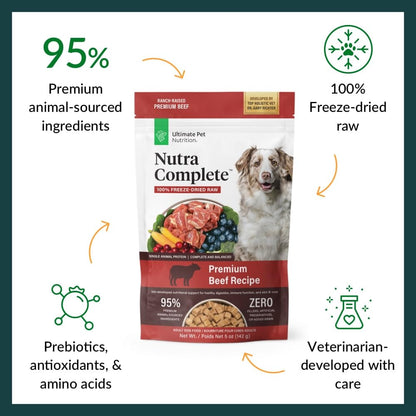 ULTIMATE PET NUTRITION Nutra Complete Freeze Dried Raw Dog Food, Veterinarian Formulated with Antioxidants, Prebiotics & Amino Acids (5 Ounce, Beef)
