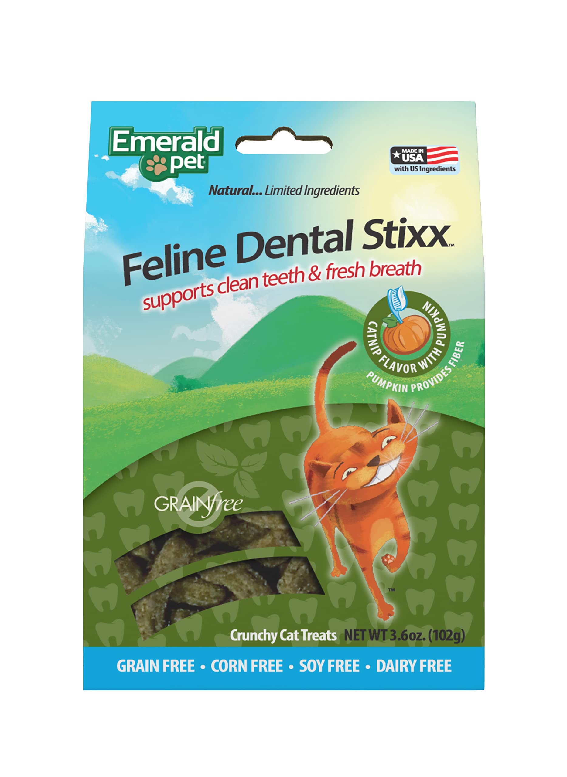 Emerald Pet Feline Dental Stixx — Tasty and Crunchy Cat Dental Sticks with Pumpkin for Digestive Health — Natural Grain Free Dental Treats for Clean Cat Teeth and Fresh Breath — Catnip Stixx, 3.6 oz
