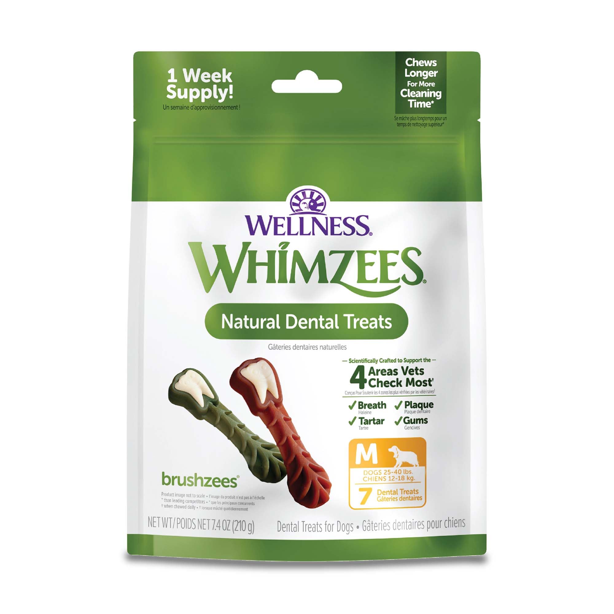 Whimzees Wellness Daily Brushzees Dog Dental Treats, Natural Chews, Medium Size Stick, (7 Count)