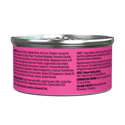 Rawz Natural Premium Minced Canned Cat Food in Gravy from Bone Broth - Made with Real Meat Ingredients No BPA & Gums - (3 Ounce cans), Salmon & Beef