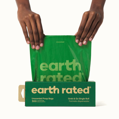 Earth Rated Dog Poop Bags, Thick Grab and Go Single Roll, Ideal for Backyard Pickups, Unscented, 300 Count