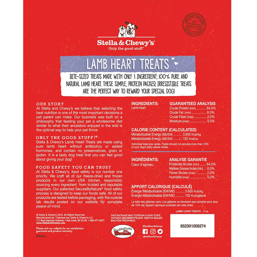 Stella & Chewy's Freeze-Dried Raw Single Ingredient Lamb Heart Treats, 3 oz. Bag