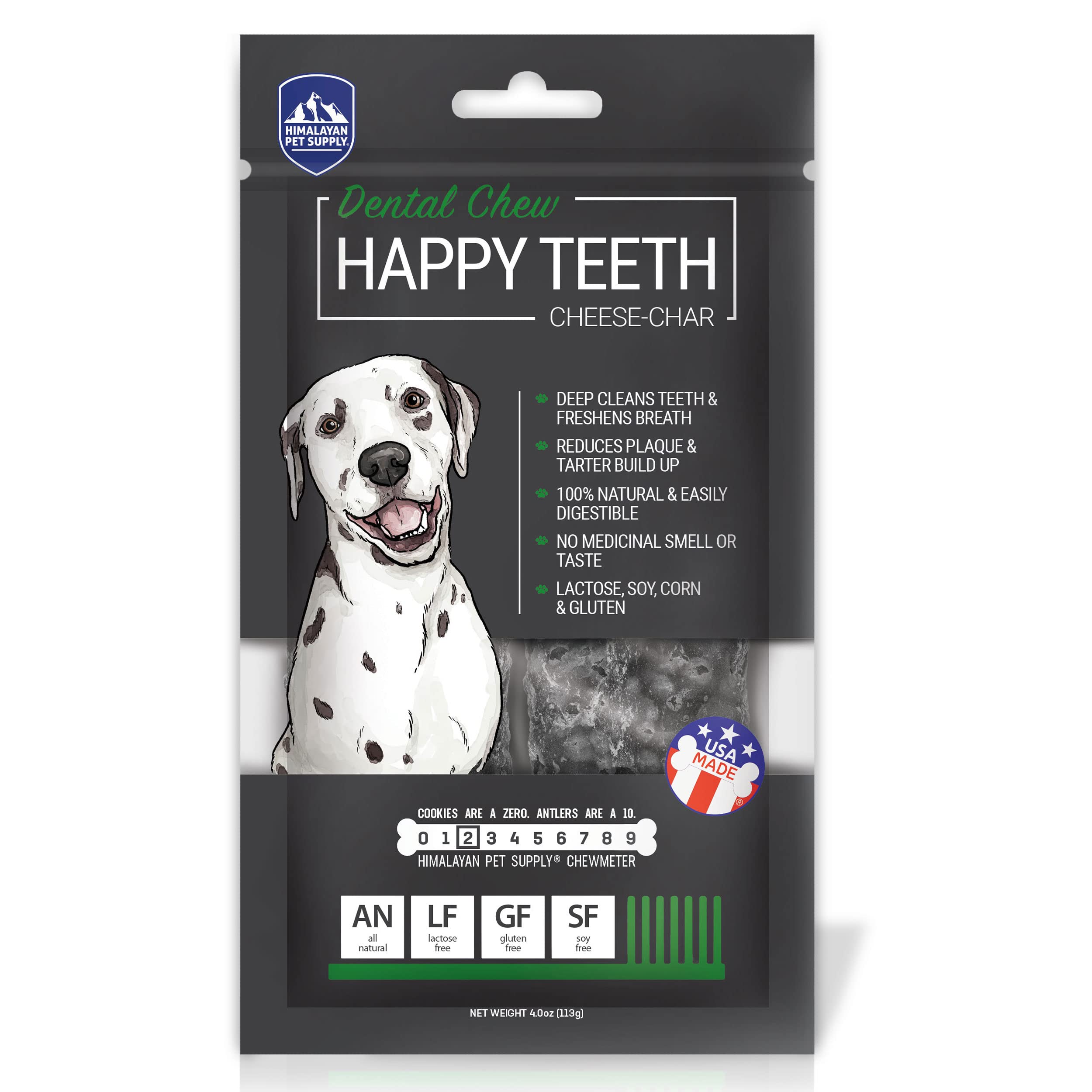 Happy Teeth Cheese & Charcoal Dental Dog Chews | Cheese Flavor with Activated Charcoal | Dental Chew | Protein Rich | Gluten Free - Lactose Free - Wheat Free - Soy Free| 2 Chews per Resealable Pouch