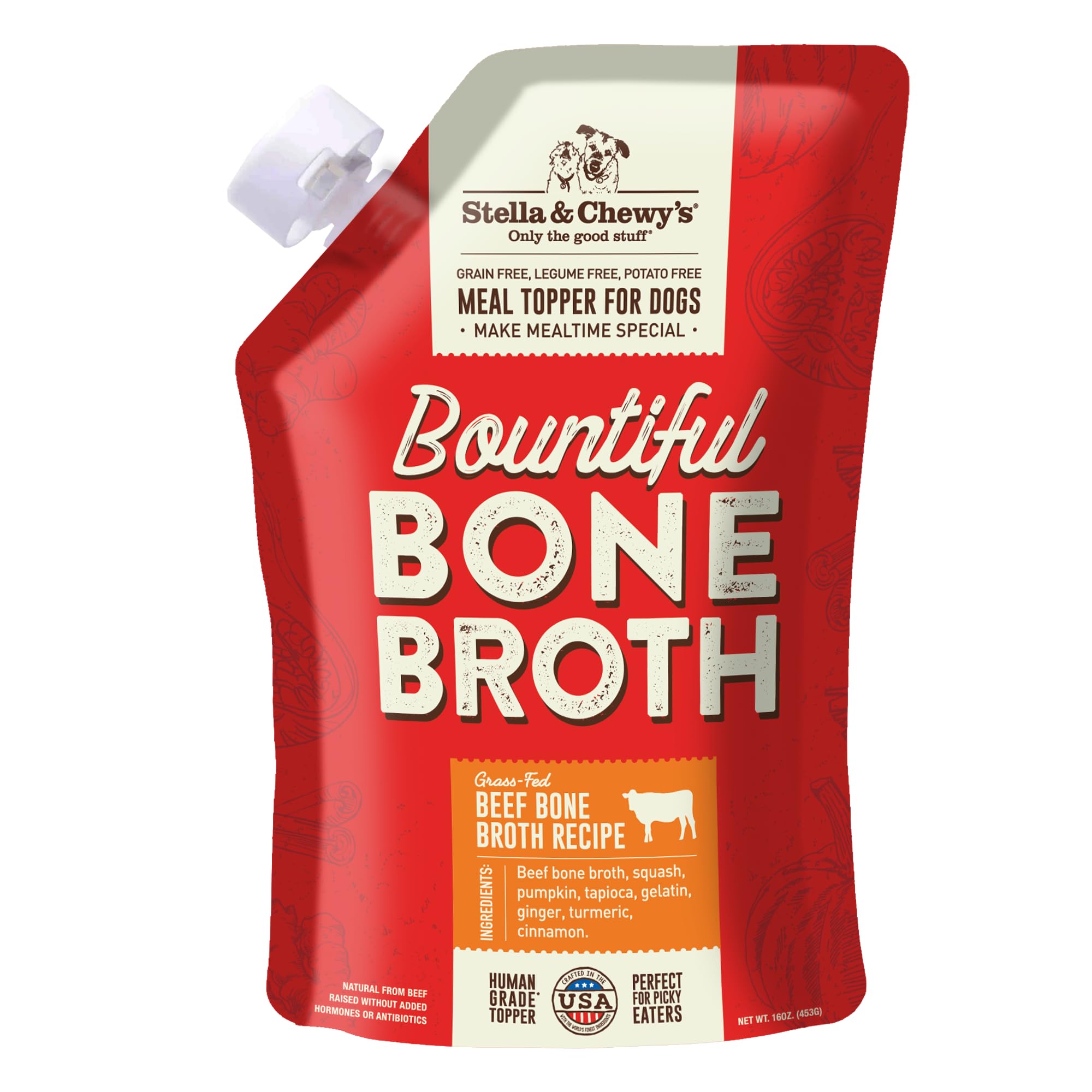 Stella & Chewy's Human-Grade Grass-Fed Beef Bone Broth for Dogs - Joint & Gut Health Liquid Food Topper with Collagen & Turmeric, 16 Fl Oz Resealable Pouch