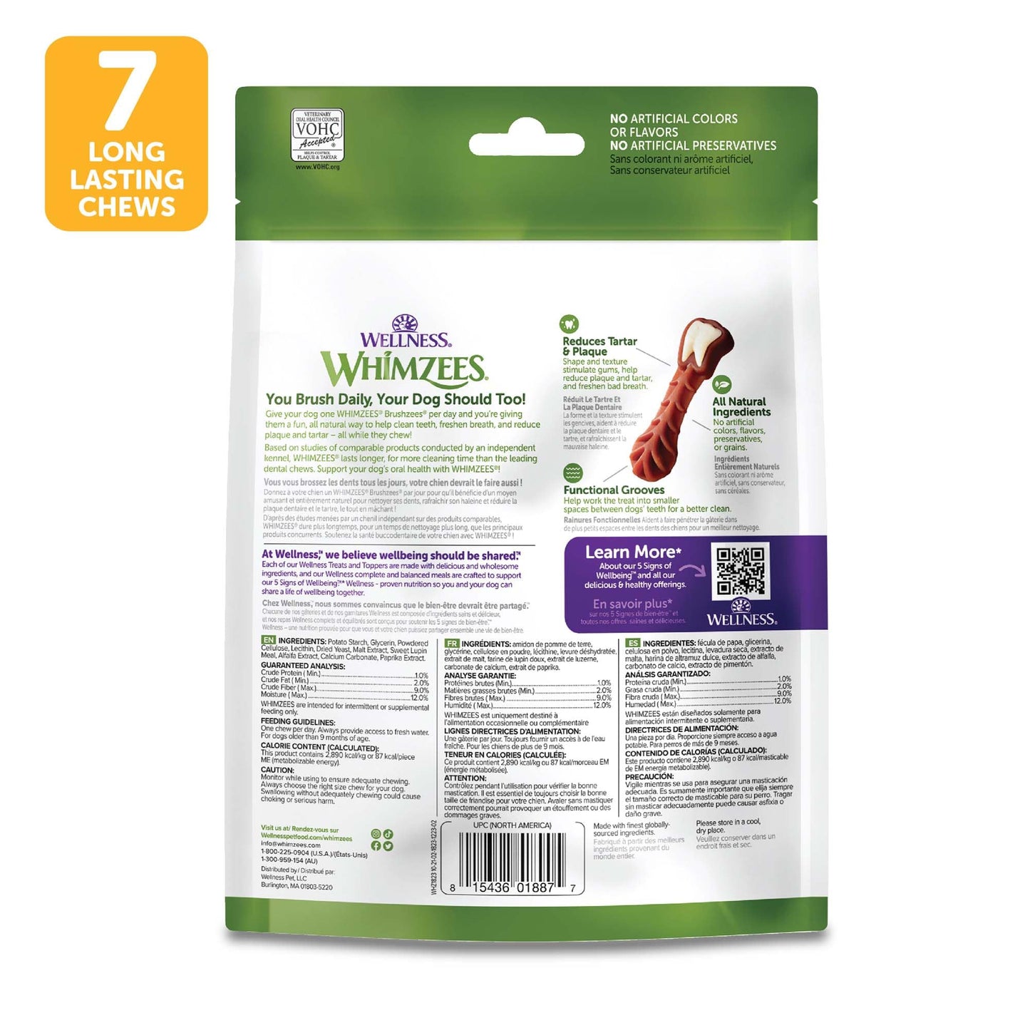 Whimzees Wellness Daily Brushzees Dog Dental Treats, Natural Chews, Medium Size Stick, (7 Count)