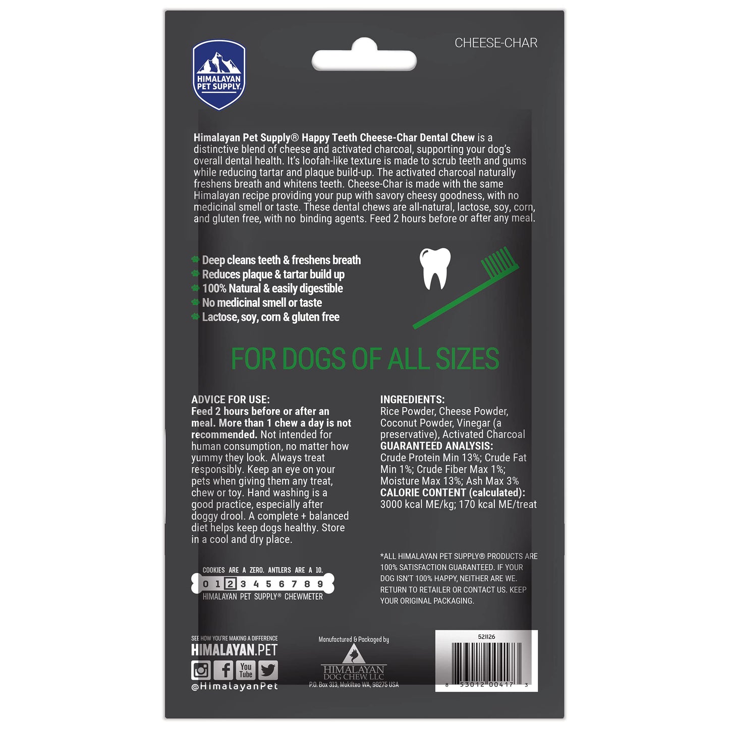 Happy Teeth Cheese & Charcoal Dental Dog Chews | Cheese Flavor with Activated Charcoal | Dental Chew | Protein Rich | Gluten Free - Lactose Free - Wheat Free - Soy Free| 2 Chews per Resealable Pouch