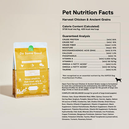 Open Farm, Ancient Grains Dry Dog Food, Protein-Rich & Nutrient Dense, 90% Animal Protein Mixed with Non-GMO Fruits, Veggies and Superfoods, Harvest Chicken Recipe, 22lb Bag