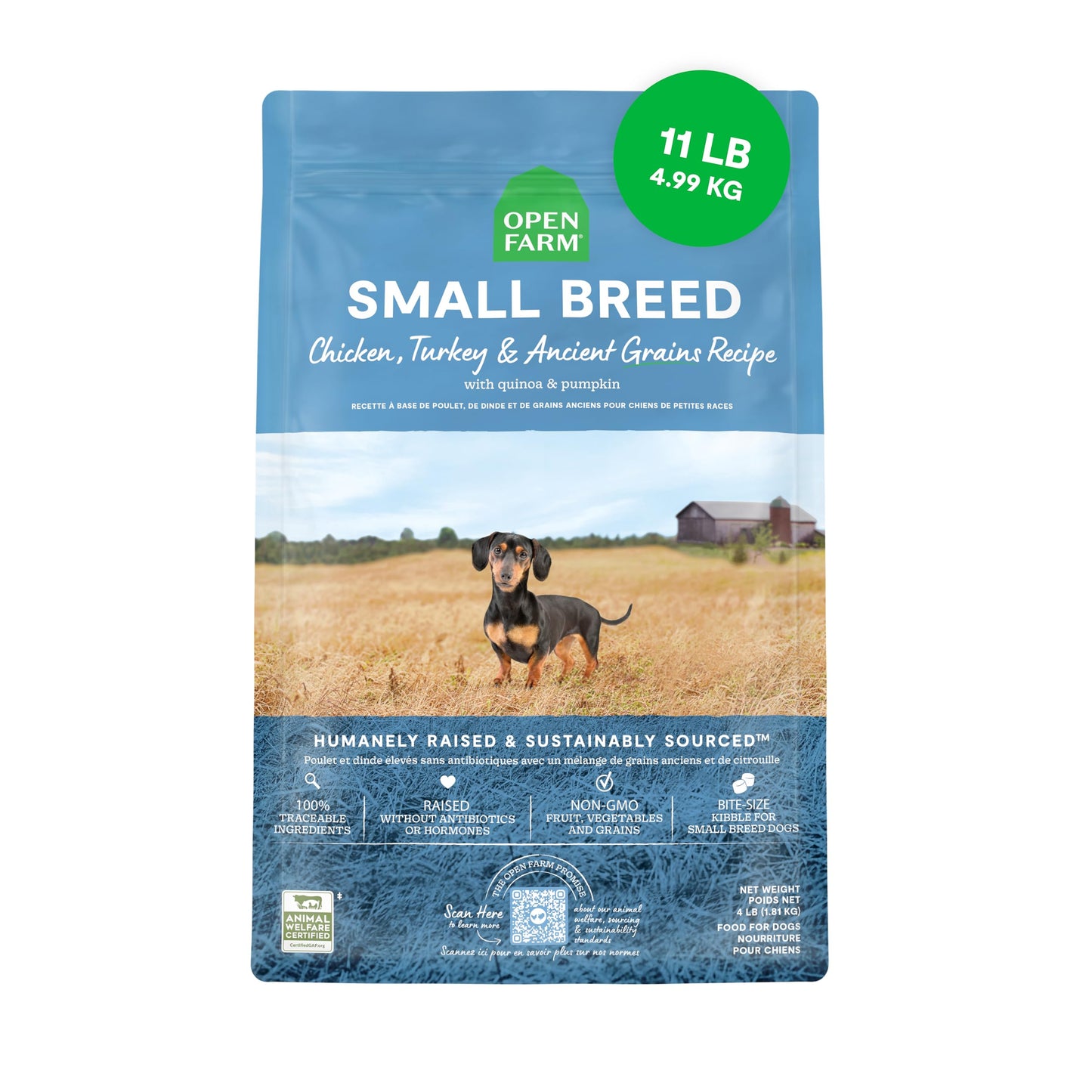 Open Farm, Ancient Grains Dry Dog Food For Small Breeds, Protein-Rich & Nutrient Dense, 90% Animal Protein With Non-GMO Fruits, Veggies and Superfoods, Chicken & Turkey Recipe For Small Dogs, 11lb Bag
