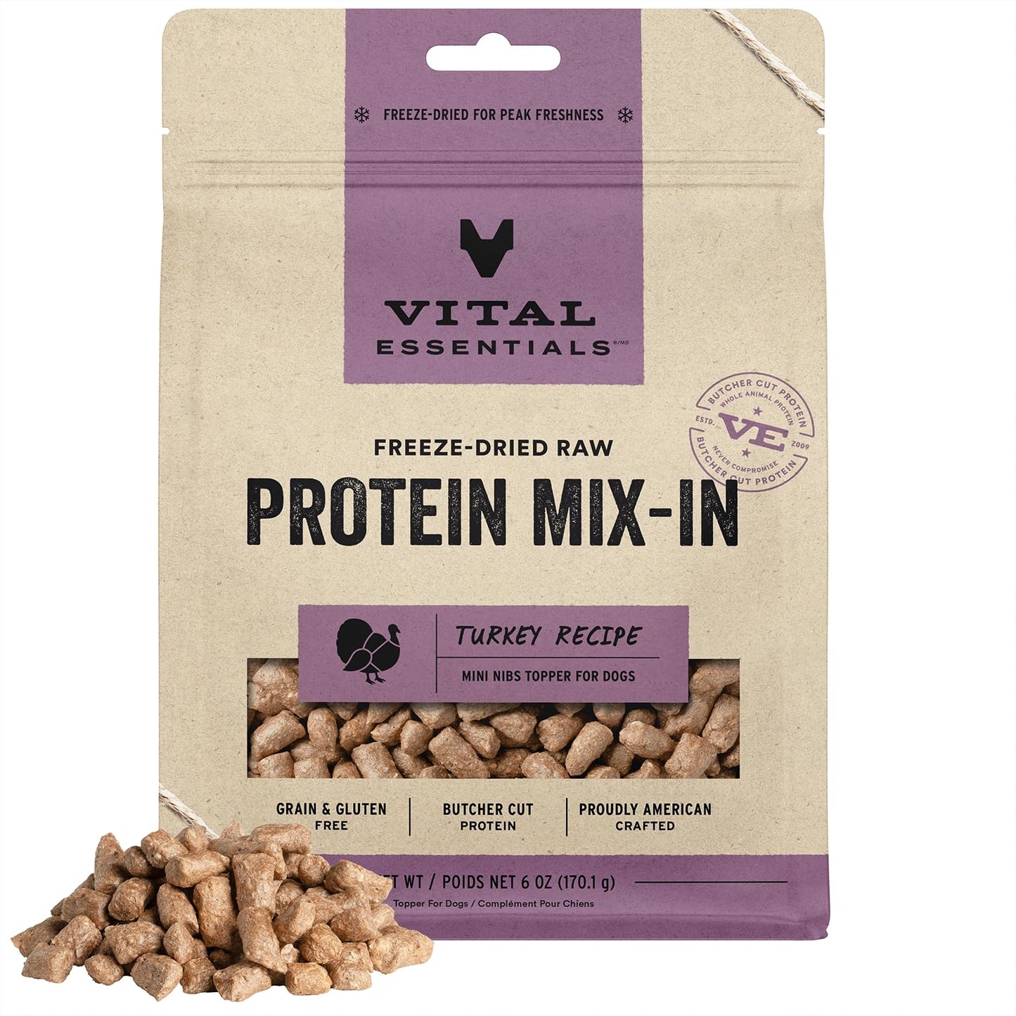 Vital Essentials Freeze Dried Raw Protein Mix-in Dog Food Topper, Turkey Mini Nibs Topper for Dogs, 6 oz