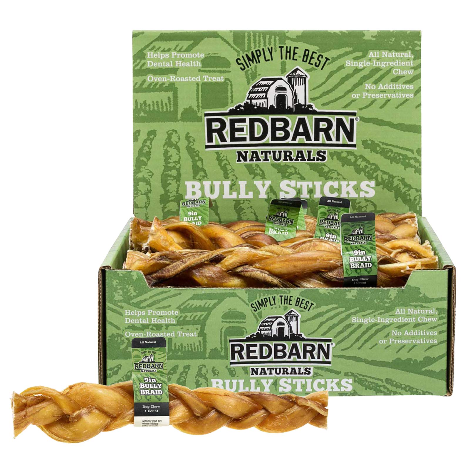 Redbarn 9" Braided Bully Sticks for Dogs - Natural, Grain-Free, Highly Palatable, Long-Lasting Dental Chews Sourced from Free-Range, Grass-Fed Cattle 35 Sticks
