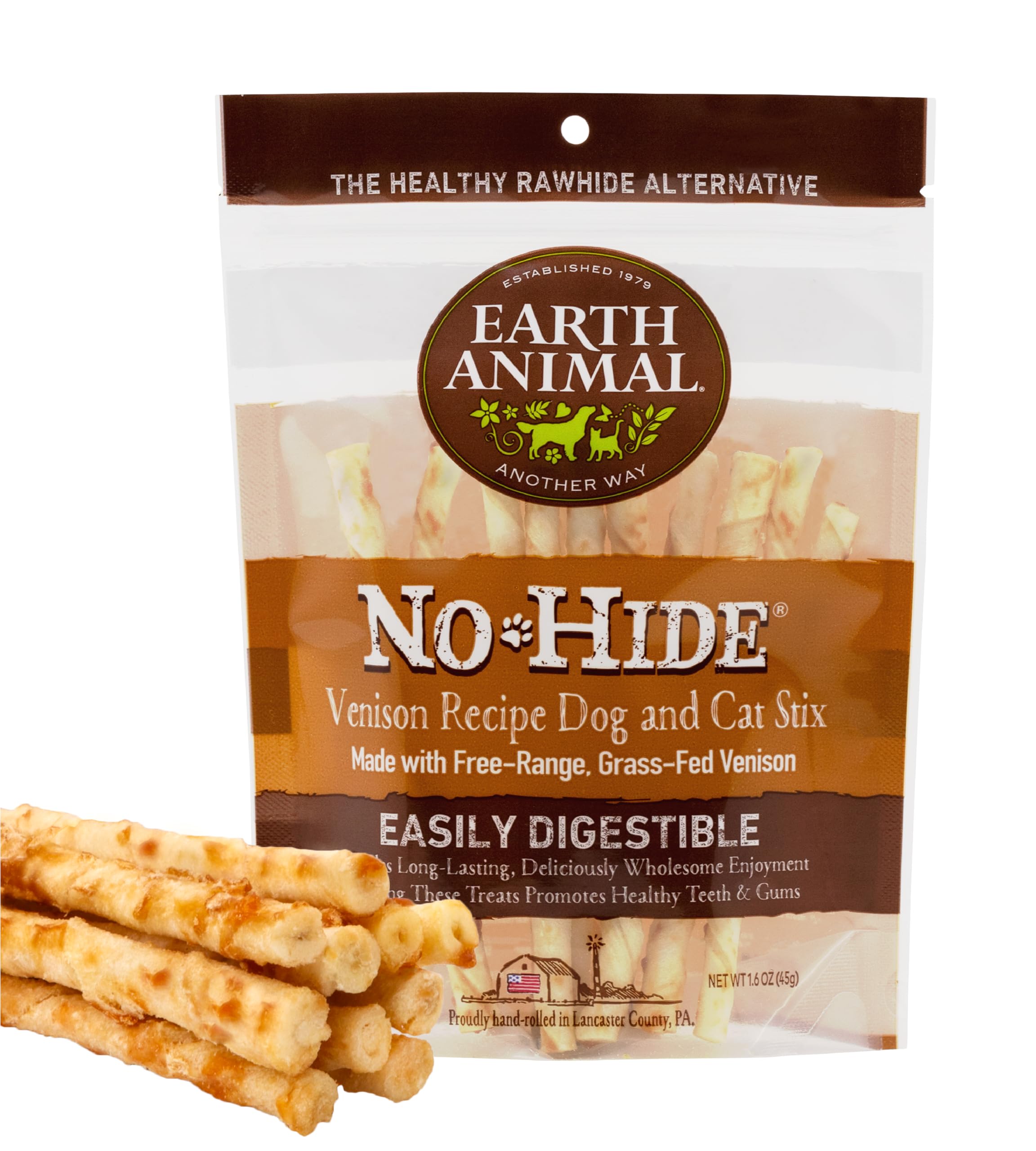 Earth Animal No Hide Stix Venison Flavored Natural Rawhide Free Dog Chews Long Lasting Chew Sticks | Treats for Small Dogs and Cats | Great for Aggressive Chewers (1 Pack)
