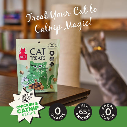 PLATO Pet Treats Air-Dried Cat Treats Chicken with Catnip Recipe, Grain Free, All Natural, Made in The USA, 2.5oz