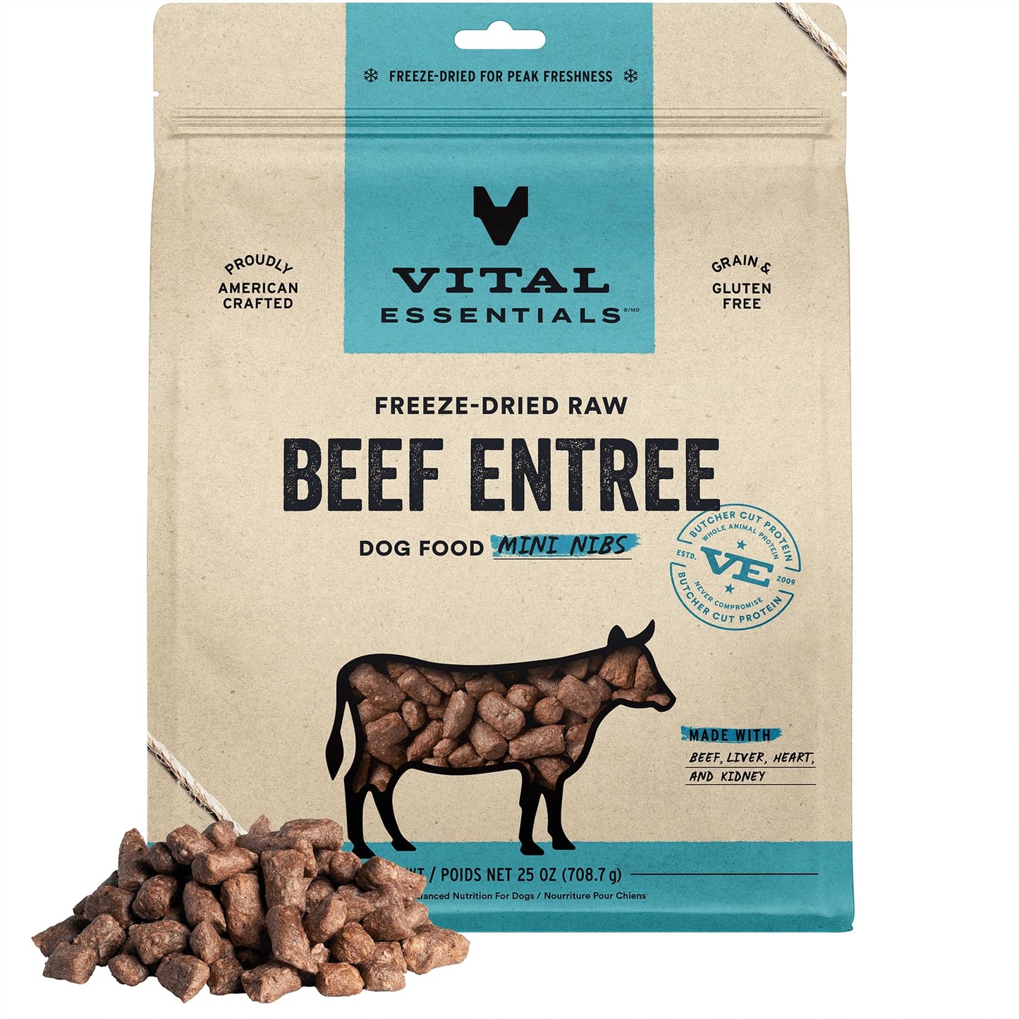 Vital Essentials Freeze Dried Raw Dog Food, Beef Mini Nibs Entree, 25 oz