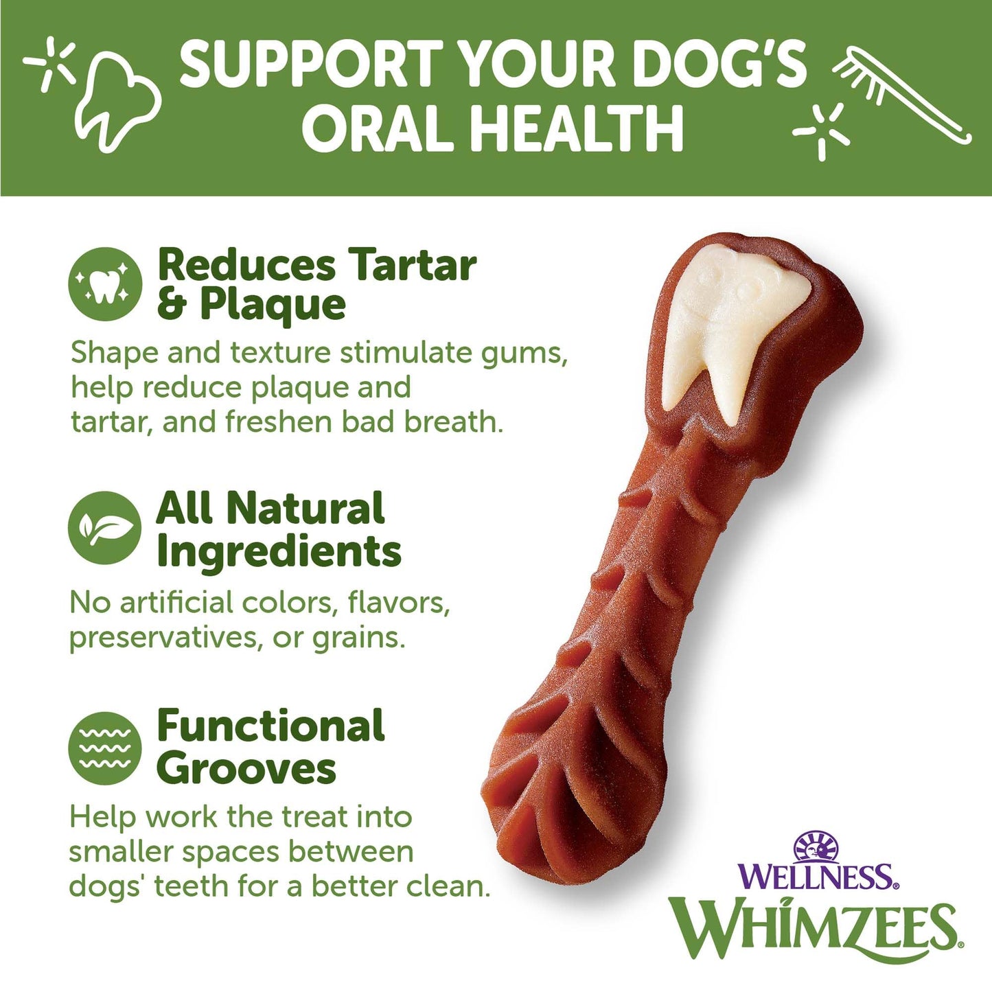 Whimzees Wellness Brushzees Dog Dental Treats, Natural Chews, Large Size Stick, (6 Count)
