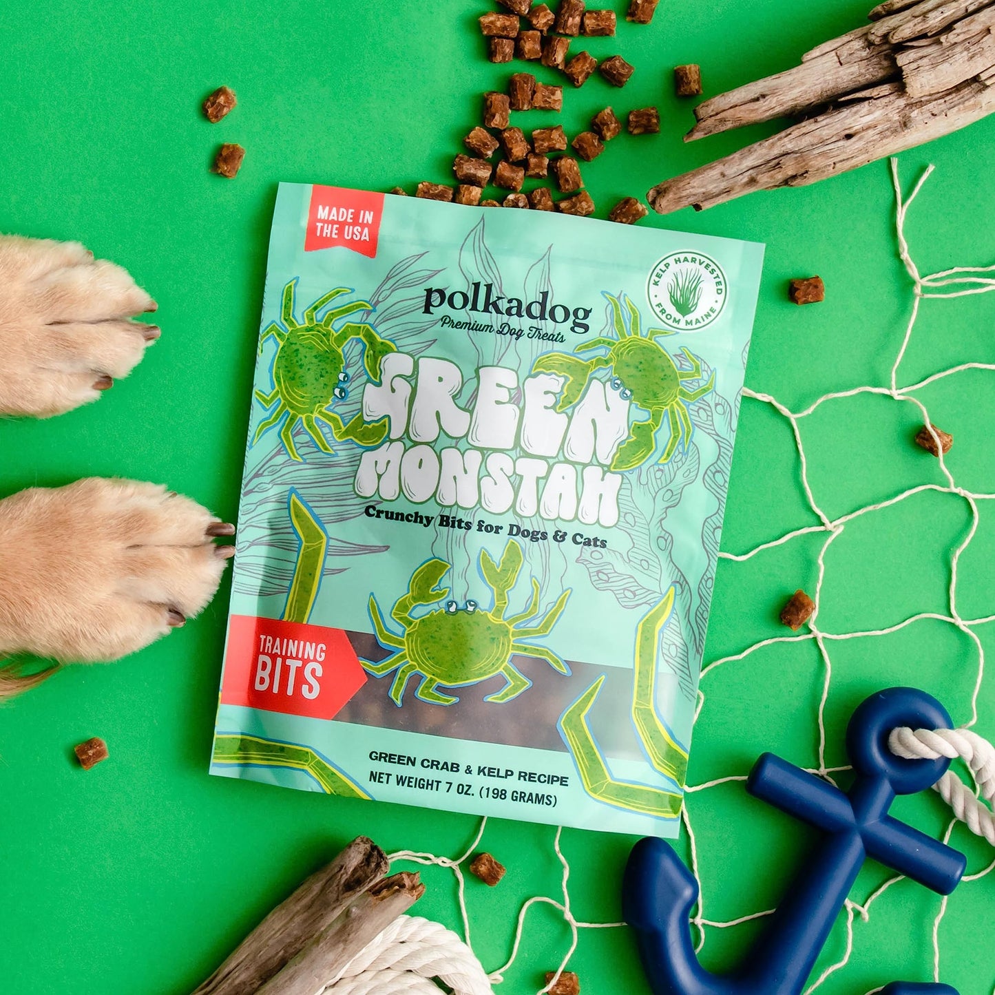 Polkadog Green Monstah Bits Crunchy Treats - Dog Treat for Small & Large Dogs with Vitamin-Rich Kelp, Omega-3, Protein - New England Green Crab & Kelp Blend - Training Size