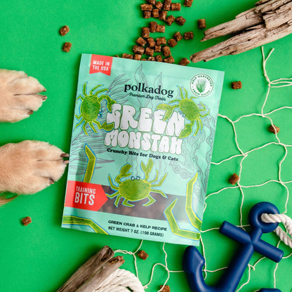 Polkadog Green Monstah Bits Crunchy Treats - Dog Treat for Small & Large Dogs with Vitamin-Rich Kelp, Omega-3, Protein - New England Green Crab & Kelp Blend - Training Size