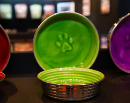 Loving Pets - Le Bol Dog Food Water Bowl Enamel Ceramic Bowl No Tip Stainless Steel Pet Bowl No Skid Spill Proof (Medium, Chartreuse)