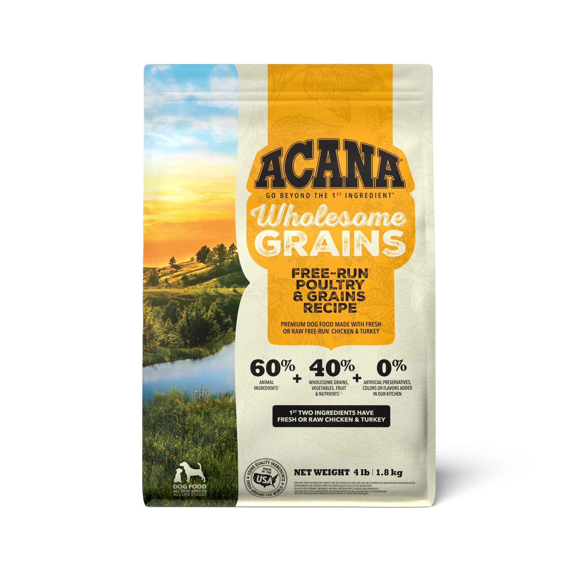 ACANA Wholesome Grains Dry Dog Food | Free - Run Poultry Real Chicken & Turkey Eggs Dog Food Recipe | 4Lb