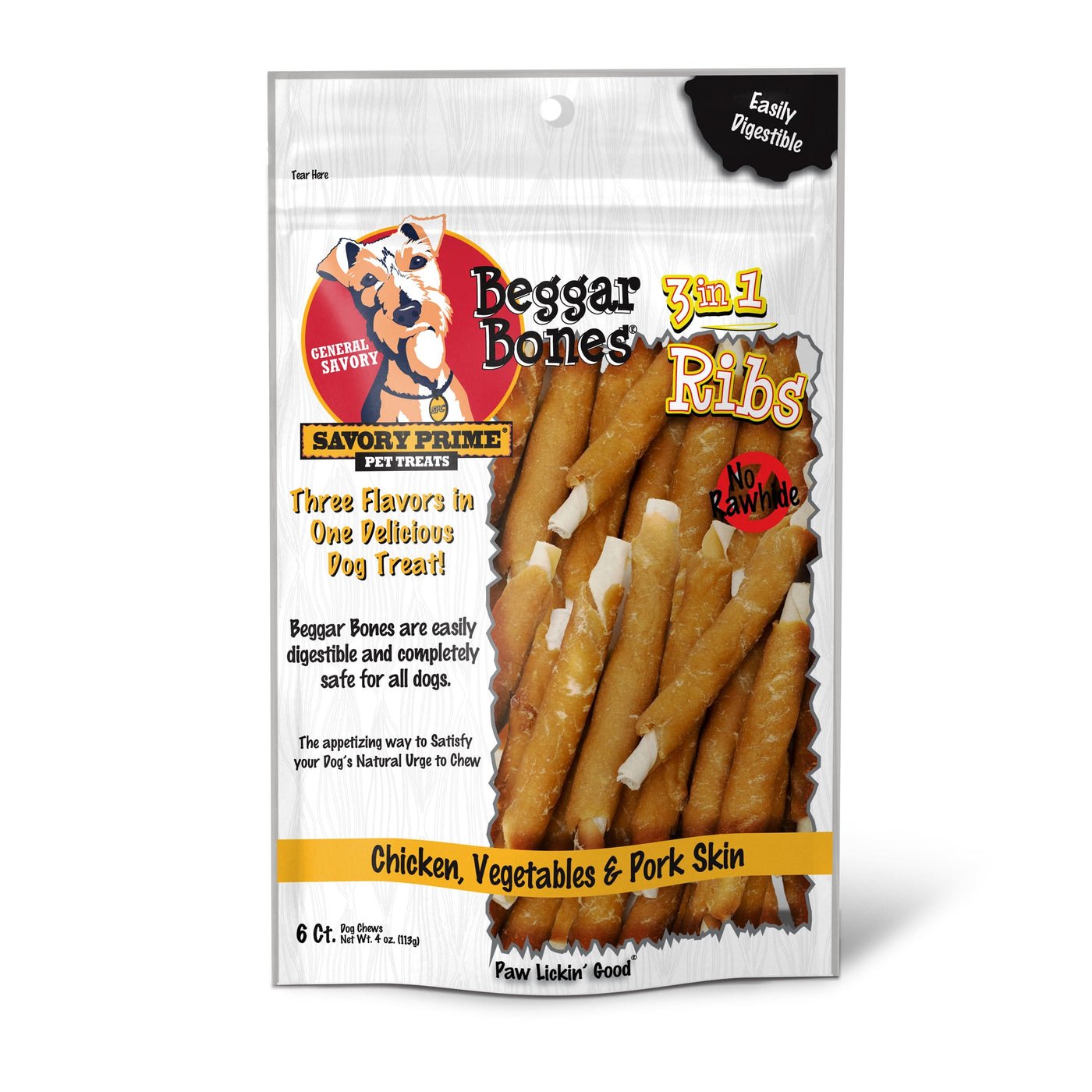 Beggar bones 3 in 1 ribs savory prime pet treats chicken vegetables and pork skin