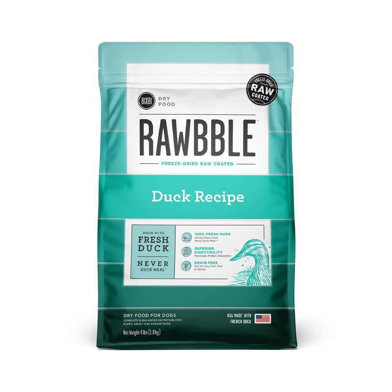 BIXBI Rawbble Dry Dog Food, Duck, 4 lbs - USA Made with Fresh Meat - No Meat Meal & No Corn, Soy or Wheat - Freeze Dried Raw Coated Dog Food - Minimally Processed for Superior Digestibility - 851907008053