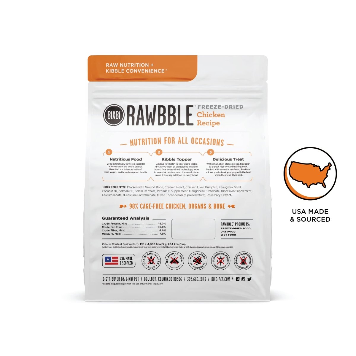 BIXBI Rawbble Freeze Dried Dog Food, Chicken Recipe, 12 oz - 98% Meat and Organs, No Fillers - Pantry - Friendly Raw Dog Food for Meal, Treat or Food Topper - USA Made in Small Batches - 091037509192