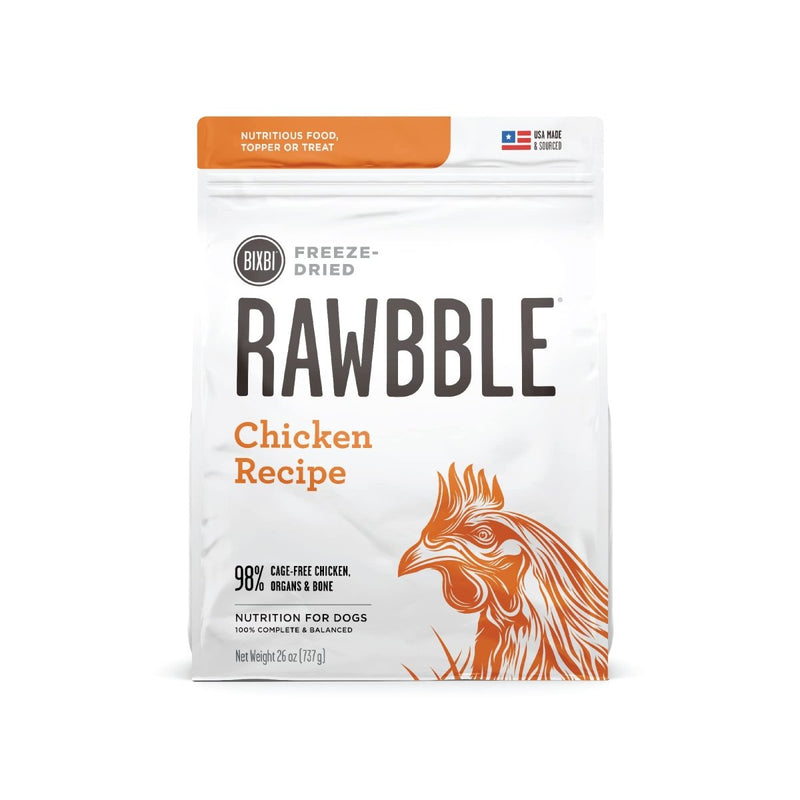 BIXBI Rawbble Freeze Dried Dog Food, Chicken Recipe, 26 oz - 98% Meat and Organs, No Fillers - Pantry - Friendly Raw Dog Food for Meal, Treat or Food Topper - USA Made in Small Batches - 091037509208