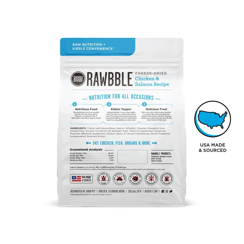 BIXBI Rawbble Freeze Dried Dog Food, Chicken & Salmon Recipe, 12 oz - 94% Meat and Organs, No Fillers - Pantry - Friendly Raw Dog Food for Meal, Treat or Food Topper - USA Made in Small Batches - 091037509451