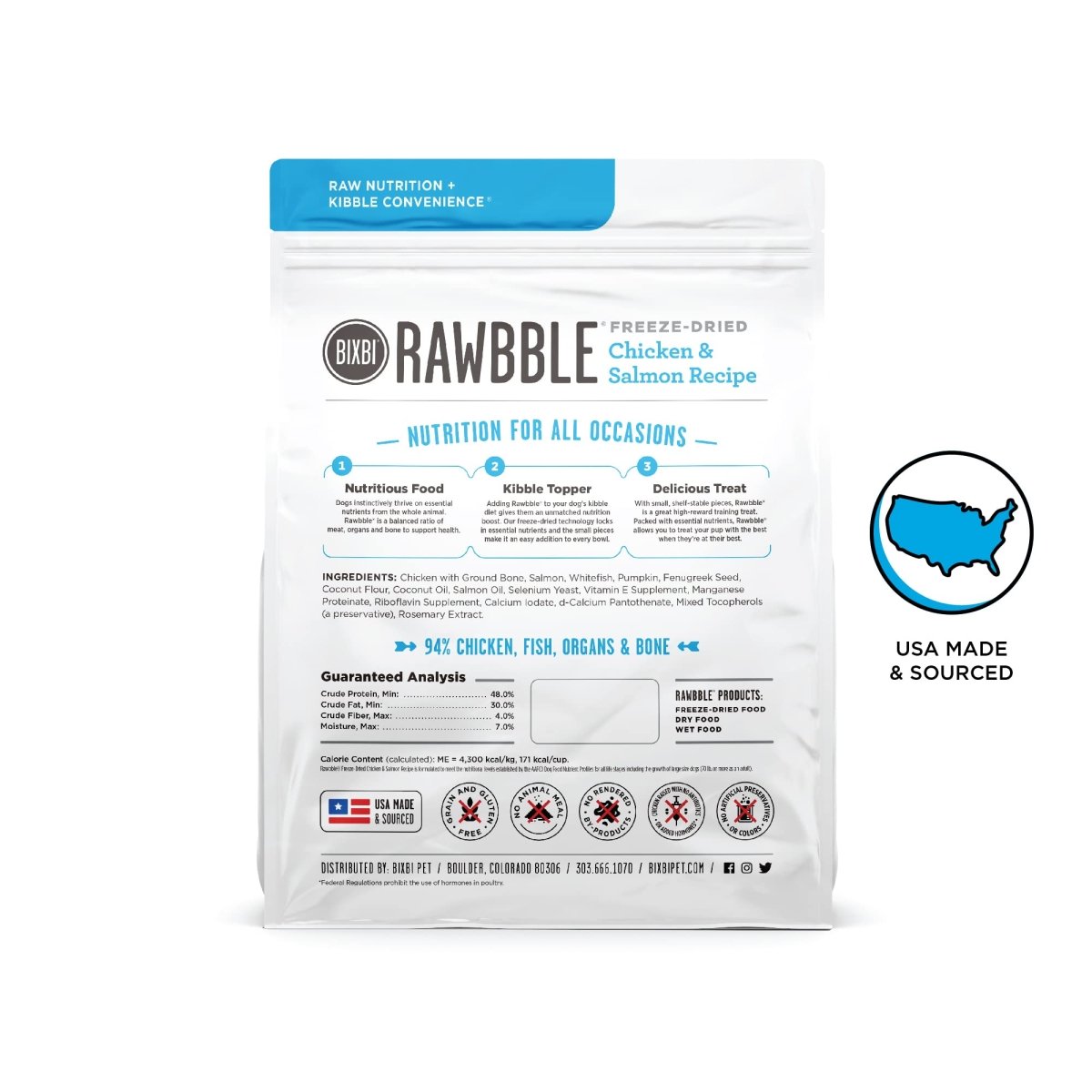 BIXBI Rawbble Freeze Dried Dog Food, Chicken & Salmon Recipe, 26 oz - 94% Meat and Organs - 091037509468