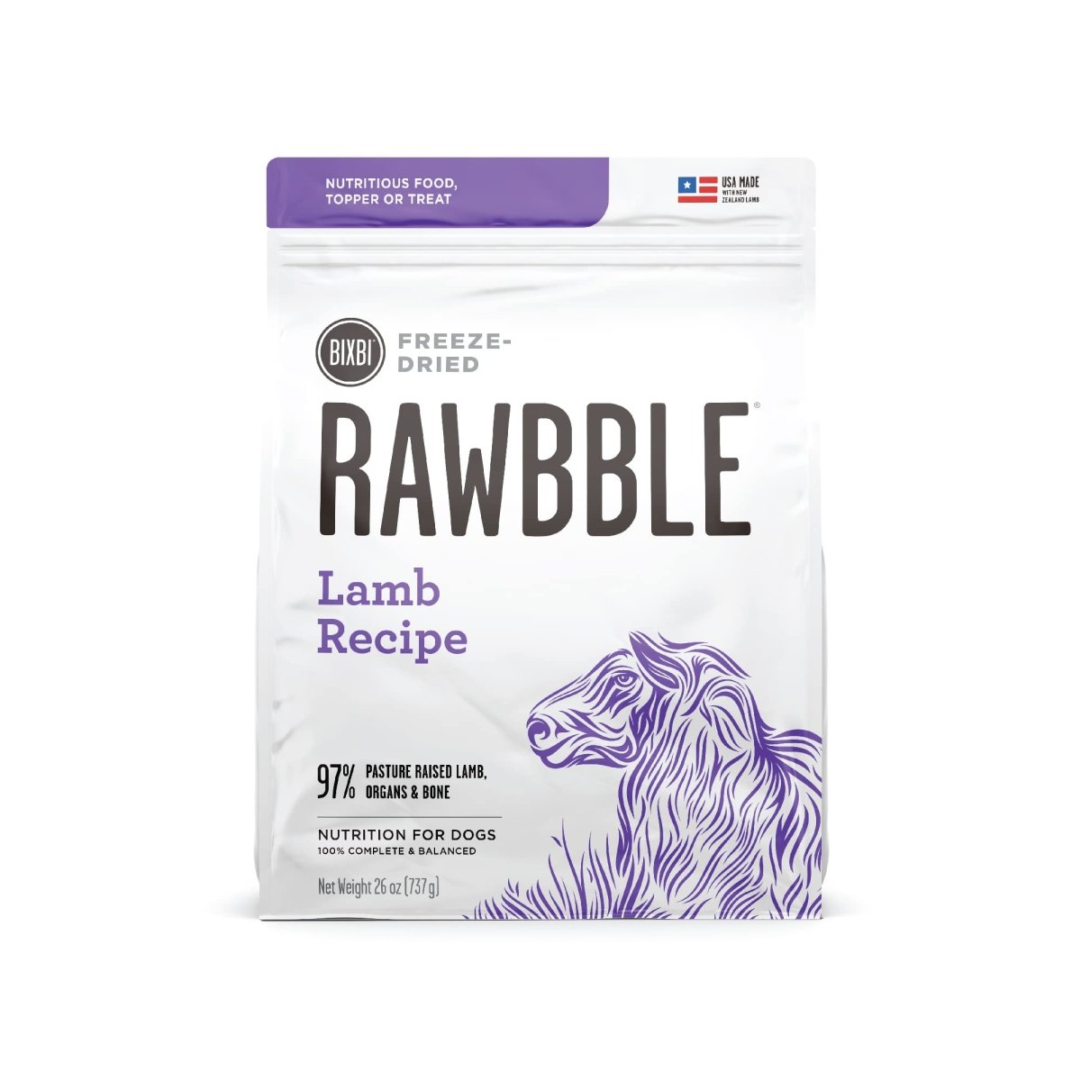 BIXBI Rawbble Freeze Dried Dog Food, Lamb Recipe, 26 oz - 97% Meat and Organs, No Fillers - Pantry - Friendly Raw Dog Food for Meal, Treat or Food Topper - USA Made in Small Batches - 851907008503