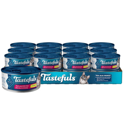 Blue Buffalo Tastefuls Natural Flaked Wet Cat Food, Fish & Shrimp Entrée in Gravy 5.5 - oz cans - canned cat food - 840243140671